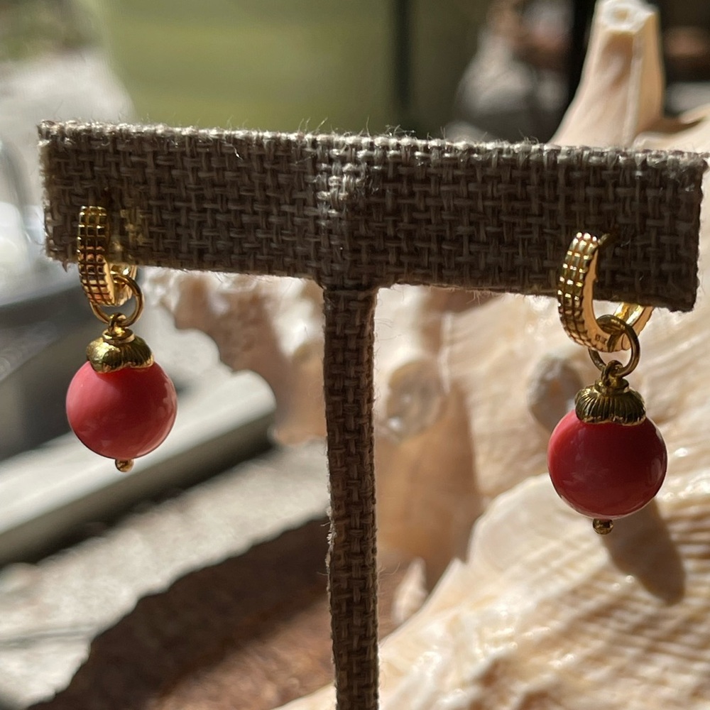Gold, plated sterling silver coral drop earrings - Picture 4 of 5